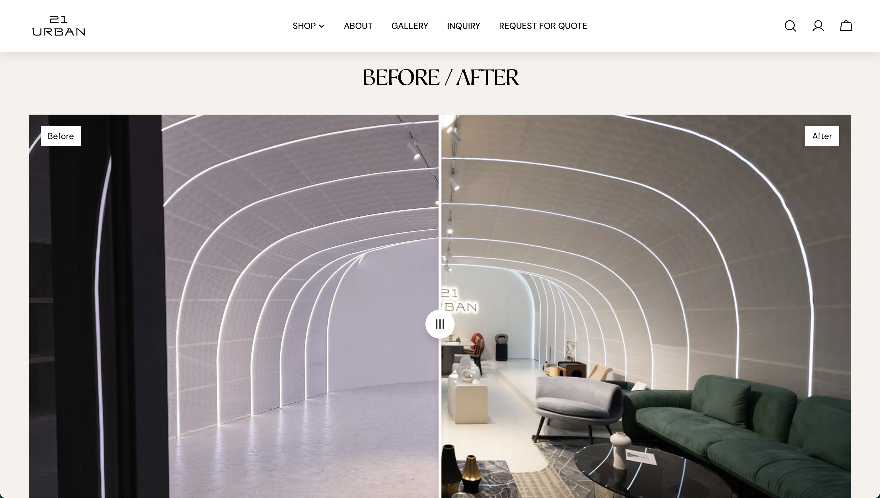 Before / After slider comparing the empty arched showroom space with the same space furnished